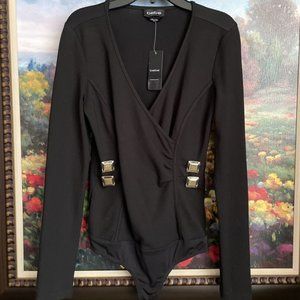 Bebe Surplice LS Bodysuit Black Gold Stretch